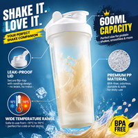 Bouteille shaker protéinée personnalisée avec logo, 600 ml, sans BPA, en PP, avec couvercle à bouton-poussoir et boule mélangeuse, anti-fuite, pour la gym, le sport et le fitness