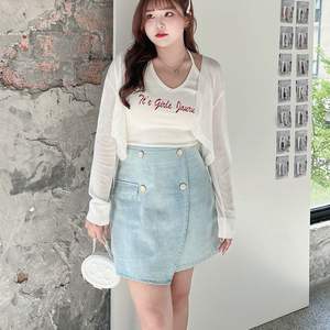 Jupe courte en jean taille haute asymétrique coupe trapèze couleur unie grande taille pour femme Runqi N7583 - Product Image 3