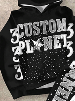 Ensemble de survêtement deux pièces personnalisé pour homme avec impression 3D en relief, sweat à capuche et pantalon de jogging large color block, décoré de points en strass, style streetwear