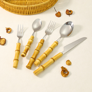 Hot bán thủ công thực sự tự nhiên tre xử lý thiết lập dao kéo thép không gỉ 304 Bạc Set 11 cái dao kéo - Product Image 1