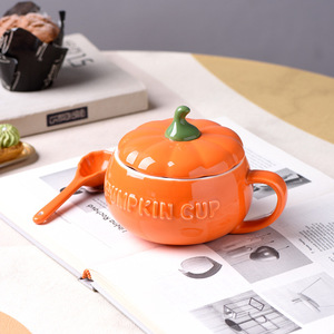 かわいいカボチャ型の陶器製マグカップ＆コーヒーカップセット（スプーンと蓋付き）-新学期に最適、食洗機・電子レンジ対応 - Product Image 1