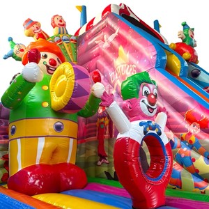 Château gonflable de style tente de cirque avec toboggans, grand centre de jeux gonflable pour enfants avec décorations de maître de cérémonie et de clown - Product Image 2
