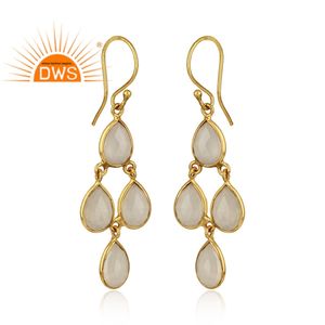 Pear Shape White Chalcedony Earrings Yellow Gold Plated Silver Bezel Set Chandelier Earrings Wholesale Jewelry - Product Image 2