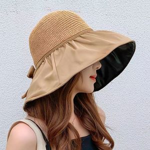 Sun Hat For Women Wide Brim Beige Breathable Sun Protection Outdoor Fishing Hat With Bow Solid Color Polyester Fabric - Product Image 1