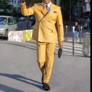 Luxus gelbe Herren anzüge für <span class=keywords><strong>Prom</strong></span> Party One Button Peaked Revers Regelmäßige Länge Maßge schneiderte lässige 2-teilige Jacke Kostüm Homme Blazer - Product Image 3