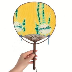 2023 Chinese Style Embroidery Round Hand Fan with Bamboo Handle Blue <b>Tie</b>-Dye Fabric Classical Folk Art Design - Product Image 1