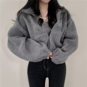 Women's Short-Length Stand Collar Warm Faux Shearling <b>Coat</b> Autumn/Winter Style Loose Zipper Cardigan <b>Top</b> Fashion - Product Image 2