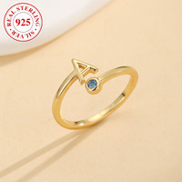 Bague d'orteil ajustable personnalisée en argent sterling 925 plaqué or avec lettre initiale et zircone bleue, pierre de naissance, pour femmes et jeunes filles