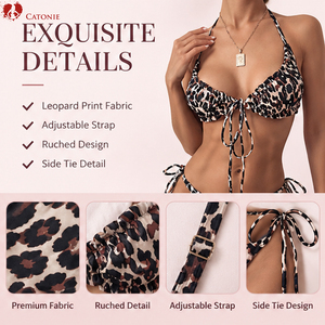 Maillot de bain de vacances noir et blanc pour femme, avec haut halter rembourré sans armatures à volants et à nouer sur le devant, et bas à nouer sur les côtés, style resort - Product Image 3