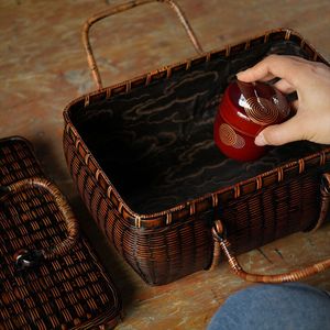 Xia Meng Bamboo Woven Tea Box Rectangle Handmade Portable Tea Set <b>Storage</b> <b>Basket</b> - Product Image 2