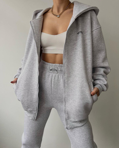 Ensemble survêtement femme en coton 100% avec sweat à capuche zippé et pantalon décontracté à manches longues - Product Image 4