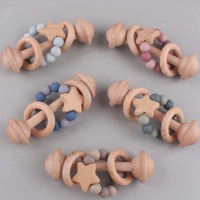 Ensemble hochet et anneau de dentition en bois de hêtre avec clip étoile gonflable et chaîne de sucette en silicone pour apaiser les nouveau-nés