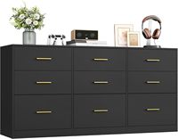 Commode moderne avec 9 tiroirs et poignées en barre dorée, finition MDF noir mat et base en plinthe encastrée