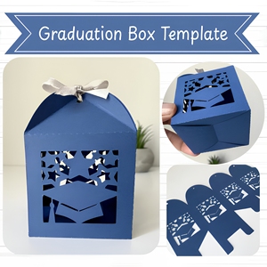 Plantilla de Caja de Graduación, Caja de Regalo de Papel Troquelado para Decoraciones de Fiesta de Graduación, Diseño Moderno, Color Azul - Product Image 1