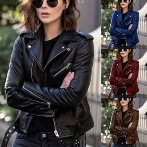 Custom Fashion Lady Short Slim Streetwear Casual Oversized Solid Female Outwear Coat Black Motorcycle Leather Jacket For Women