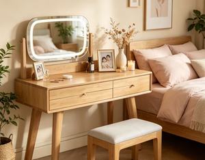 Premium Solid Oak Dressing Table Set Adjustable LED <b>Light</b> <b>Mirror</b> Double Drawer Bedroom Makeup <b>Vanity</b> With Stool - Product Image 6