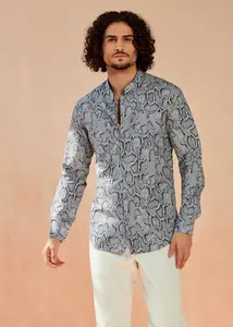 Vintage XL Python <b>Camouflage</b> Print Cotton <b>Shirt</b> with Embroidered Knitted Fabric for Spring Vacations - Product Image 3