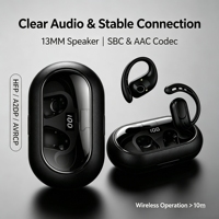 Écouteurs sans fil OWS Bluetooth 6.0 à oreille ouverte avec haut-parleur de 13 mm, chargement Type C et batterie amovible, avec crochet d'oreille