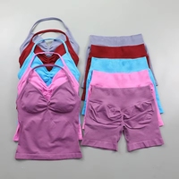 Ensemble de yoga 2 pièces sans couture pour femme, débardeur rembourré à col halter et short froncé rehausseur de fessiers, léger, pour l'été et le sport