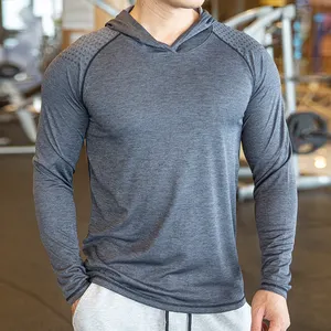 Gym erkekler T gömlek Casual uzun kollu Slim Tees Tops elastik T-shirt spor spor nefes hızlı kuru kapşonlu T Shirt