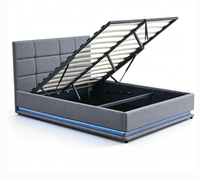 Lit flottant minimaliste en lin gris avec lumières LED, rangement hydraulique et tête de lit, cadre métallique, taille Queen