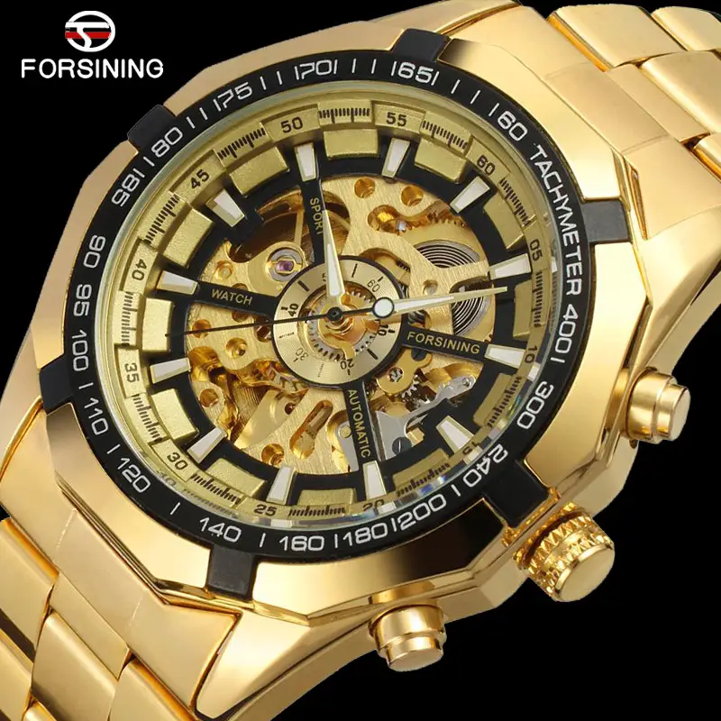 FORSINING Marke Männer Uhr Neue Ankunft Automatische Luxus Skeleton Mechanische Uhren Männer Gold Edelstahl relogio masculino
