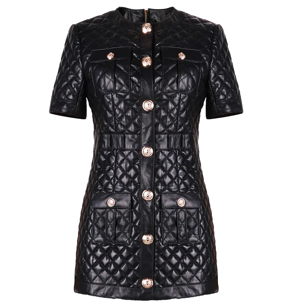 Women Short Sleeve Single Breasted Black Real Leather Dress Genuine Leather Girls Dress