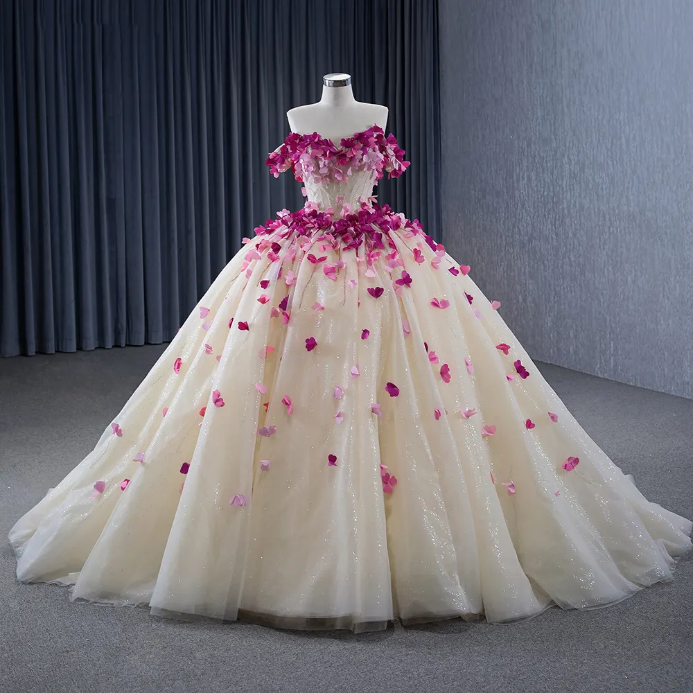 Gaun bunga baru 2024 gaun bahu terbuka applique kristal manik-manik manis 16 gaun pesta Prom Rsm231146