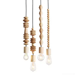 Industrial rustic unique style white black vintage walnut asia painting wood beaded chandelier pendant light with edison bulbs