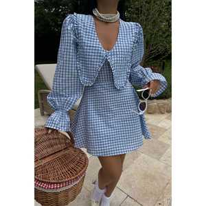 Mini-robe personnalisable à motif bleu vichy, élégante, style vintage, coupe empire, manches bouffantes, tailles XS-XL, pour fêtes de jour, bals de promo, printemps, avec volants et doublure personnalisée - Product Image 5