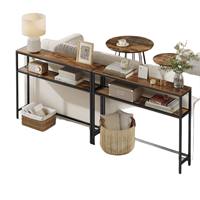 Table console industrielle à 2 niveaux pour la vente en gros, table étroite d'entrée ou de canapé avec structure métallique et étagères en bois pour salon.