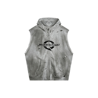 Hoodie sans manches zippé pour homme, personnalisé, effet délavé, déchiré, imprimé graphique, coupe oversize, marque privée