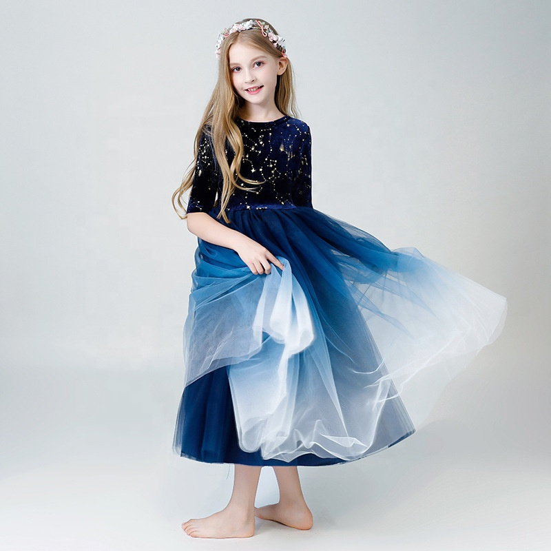 Navy Blue Half Sleeve Beaded Flower Girl Maxi Dress for 10-Year-Olds -  Perfect for Parties and Pageants