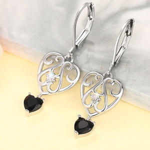 Boucles d'oreilles tibétaines en argent avec pierre noire et diamant, motif cœur, « l'amour est vrai, rien d'autre », bijoux de mariage pour femmes - Product Image 3