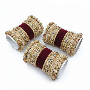 Bridal Velvet Bangles <b>Set</b> with Pearl <b>Bracelets</b> Elegant Wedding Accessory Premium Designer Jewelry Collection - Product Image 2