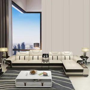 Mobiliário sala de estar 2021 barato, sofás seccionais em couro de forma de l com mesa de função de material personalizado