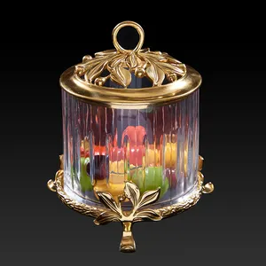 Luxury Villa Party Home Round Brass Decorative Clear Crystal Glass Candy Cup With Lid Living Room Crafts