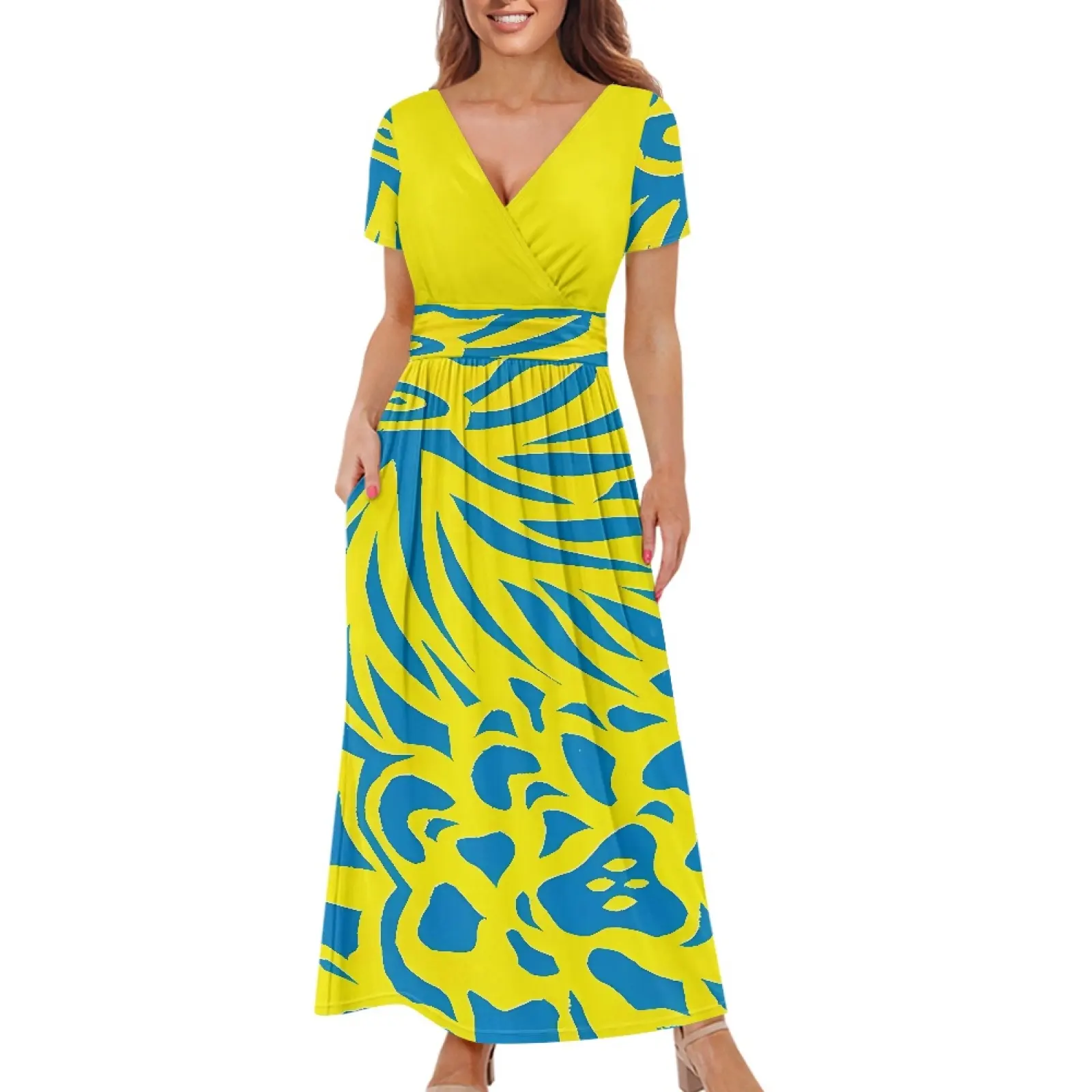 Neon Yellow Blue Tribal Print 2024 Summer Women's Casual Short Sleeve Dresses Elastic Empire Waist Maxi Long Dress with Pockets