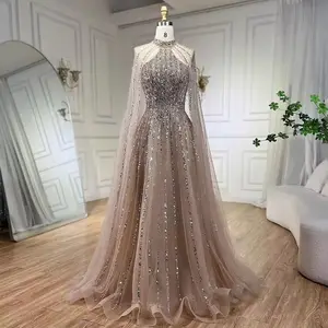 A Line Caramel Arabic Cape Sleeve Beaded Dubai Evening Dresses Party Gowns 2024 For Women