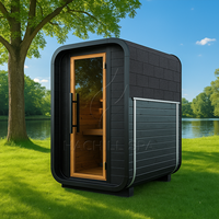 Hachillspa Komplett Schwarze Traditionelle ThermoWood-Sauna Massivholz-Kabine mit Vollglas-Tür und 2-stufigen Bänken für den Außenbereich