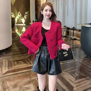 패션 탑 2023 가을 새로운 빨간 모직 코트 긴 소매 재킷 여자의 카디건
