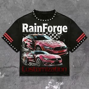 Custom Logo Heavyweight Cotton Vintage Racing Graphic Streetwear <b>Y2K</b> Distressed Raw Hem Mens T <b>Shirt</b> and Shorts Sets - Product Image 2