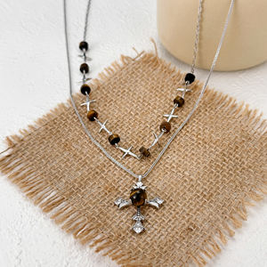 Двойная цепочка из родия белого K золота медное ожерелье крест кулон белый кубический цирконий бриллиант коричневый тигровый глаз ожерелье - Product Image 5