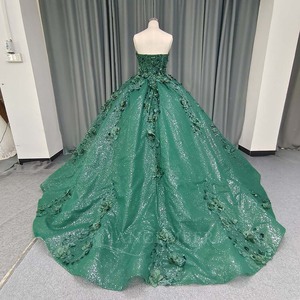 ANY254 Vestido de Noche Verde Esmeralda sin Tirantes con Bordado Floral - Product Image 3