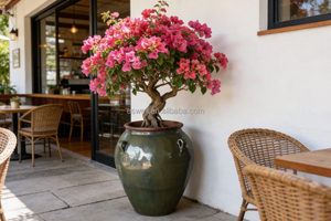 Pot de fleurs vintage en céramique émaillée avec doubles poignées latérales, grand et haut, pour aménagement paysager - Product Image 3