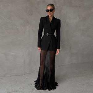 Ensemble décontracté 2 pièces TP5 pour femme : <span class=keywords><strong>Blazer</strong></span> court et jupe midi, tenue de bureau élégante et sexy, motif uni, tissé en tissu peigné - Product Image 1