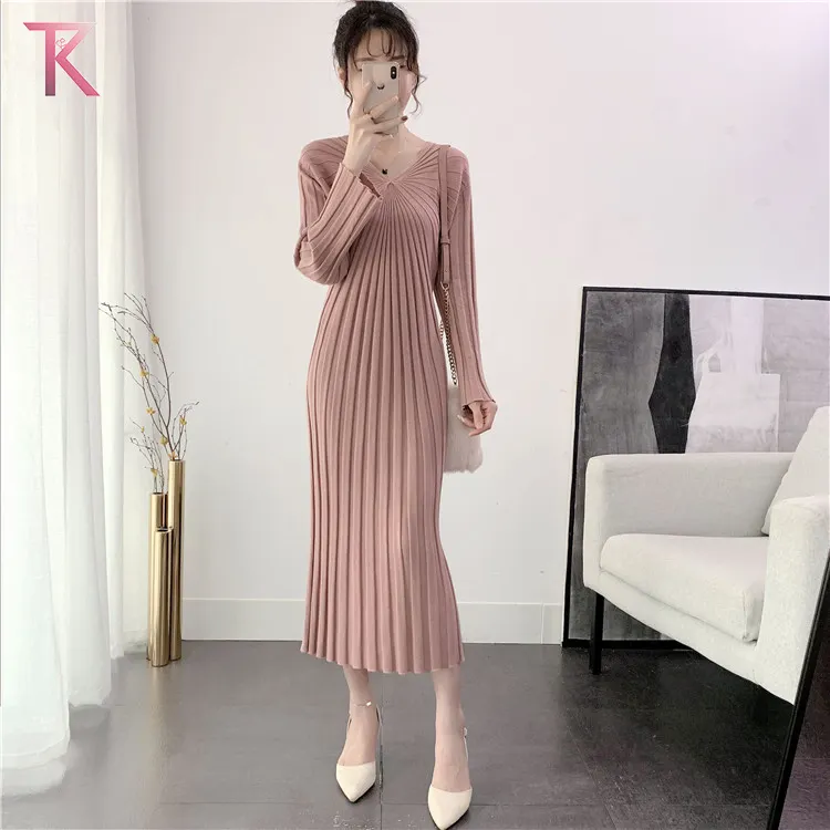 New Striped Knit Casual Dress Women V Neck Long Sleeve Sweater Dress Ladies Maternity Skirt Maternity Dress