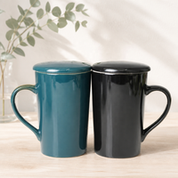 Mug en céramique bleu sarcelle et noir avec couvercle 420 ml – Qualité supérieure pour le bureau, le café, le thé – Cadeau d'entreprise, vente en gros, usage domestique, ensemble de table