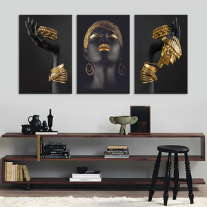 Donna africana arte della parete pittura di arte <span class=keywords><strong>Poster</strong></span> e stampe donna nera arte <span class=keywords><strong>con</strong></span> gioielli in oro tela immagine decorazione per la casa - Product Image 3