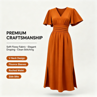 Robe midi élégante pour femme, coupe trapèze, col en V, avec taille froncée, manches à volants, fente haute, en tissu tissé, pour le printemps et l'été, vente en gros Spot